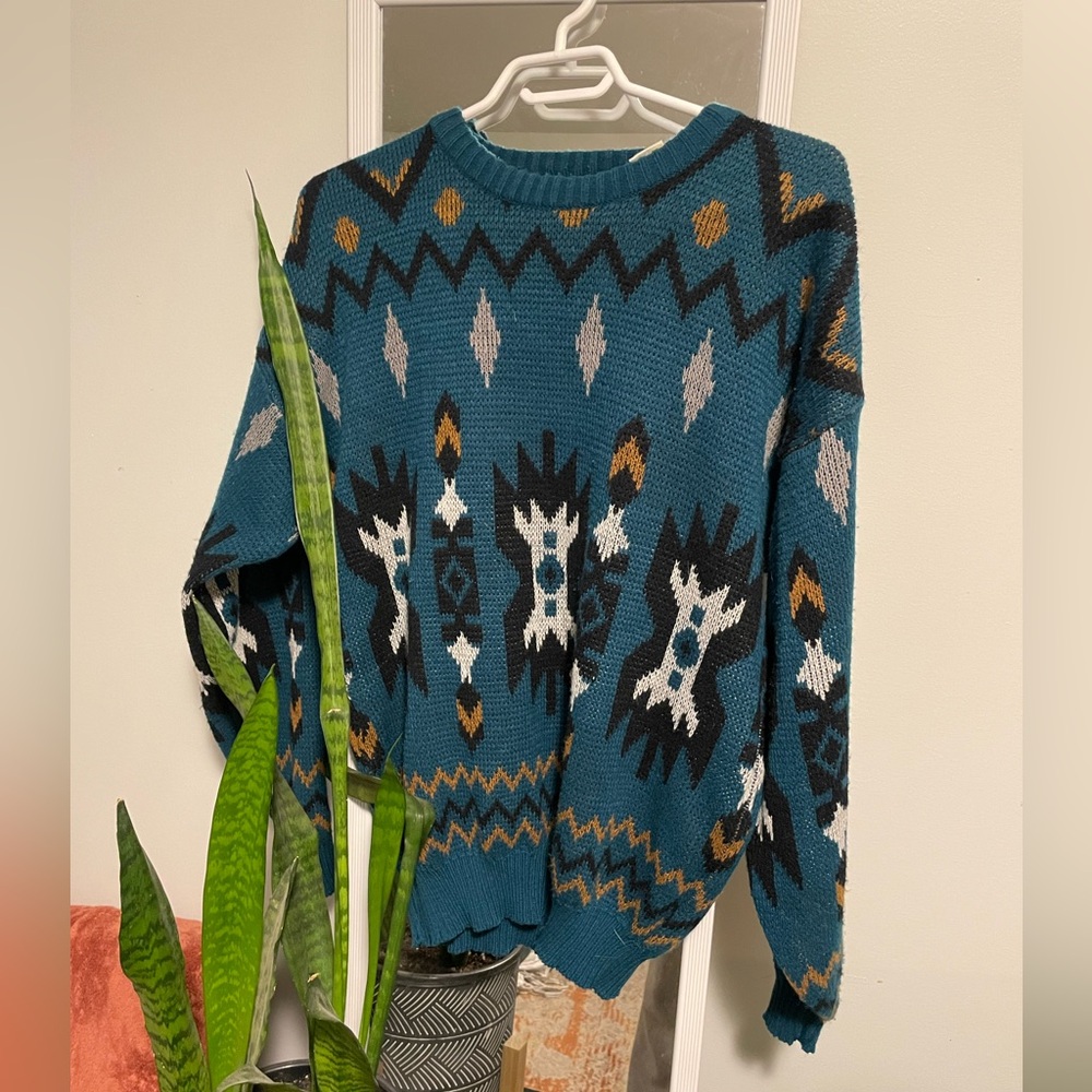 Teal Geometric Pattern Sweater, Mens Small/Women’s Medium